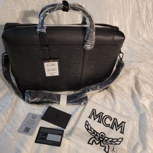 MCM Soft Berlin Monogrammed Leather Tote Black